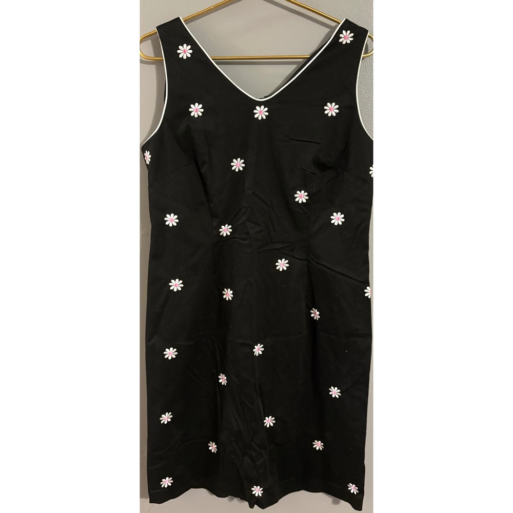 Sag Harbor Dress Womens 14 Black Daisy Floral Embroidered Sleeveless V-Neck